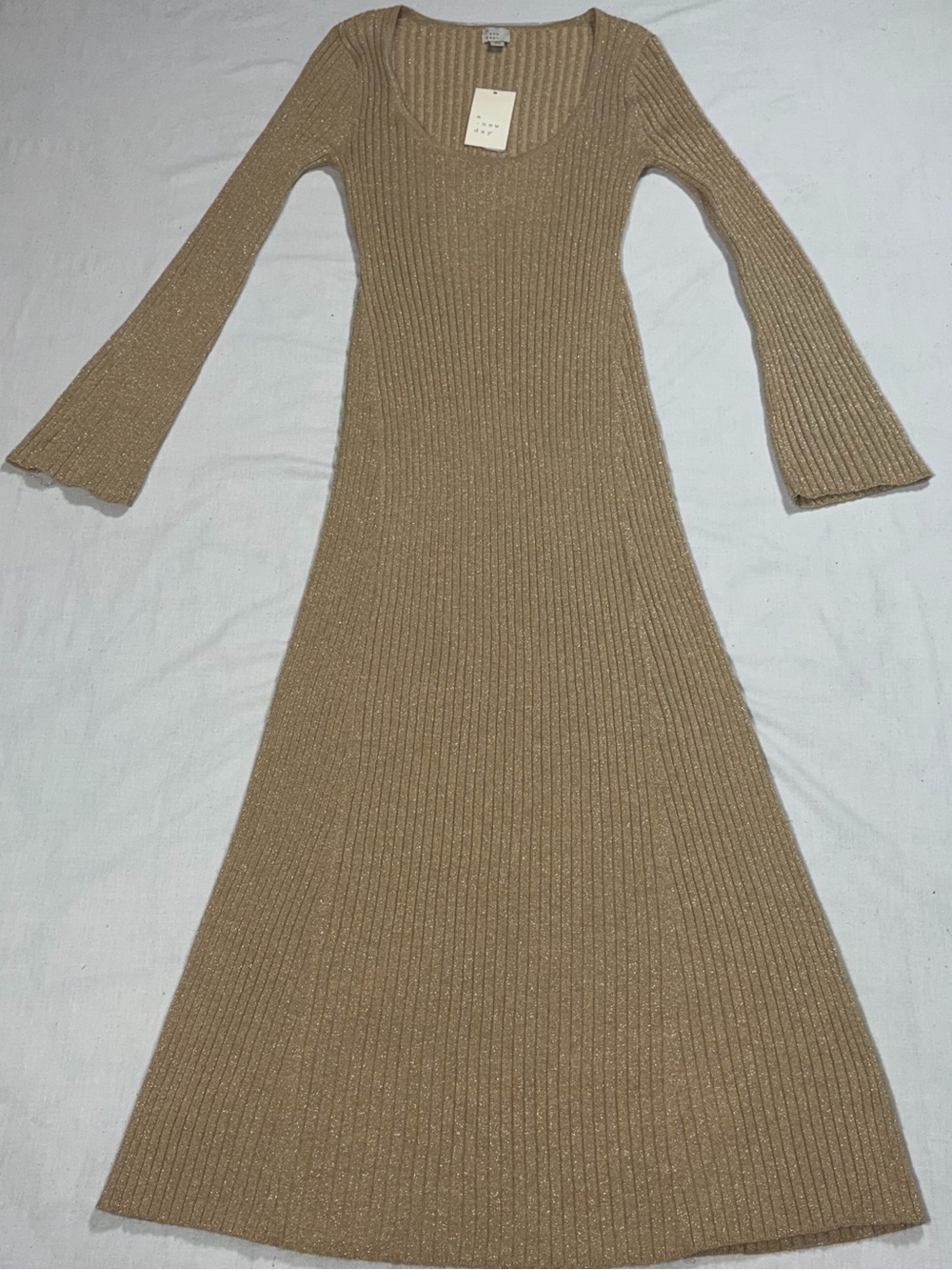 NWT A New Day Tan Metallic Ribbed Midi Sweater Dress Bell Sleeve S